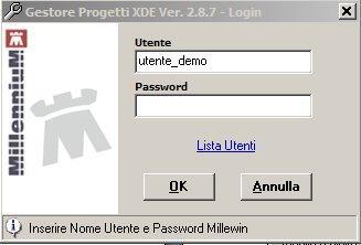 Start\Programmi\Millewin\Utility\ Comparirà la finestra sotto riportata nella quale inserire Utente e Password del Medico Titolare, utilizzati per