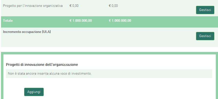 5.3 Progetto per l innovazione organizzativa Cliccando su Gestisci accanto a Progetto per l innovazione organizzativa, l utente visualizzerà la sezione dove poter aggiungere l eventuale progetto di