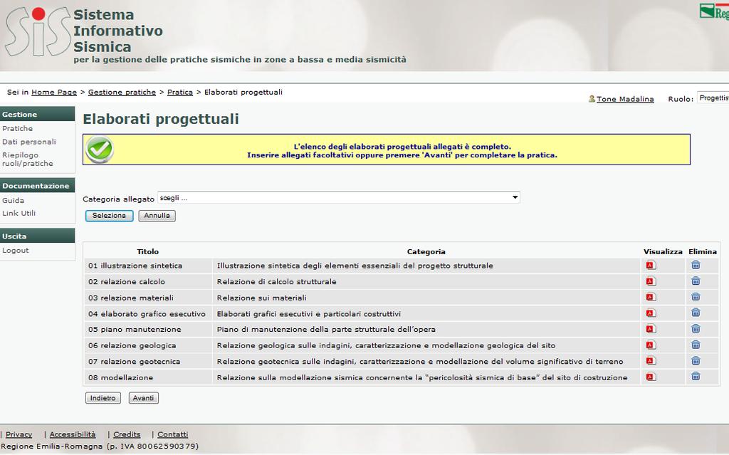 Compilazione pratica Inserimento allegati progetto