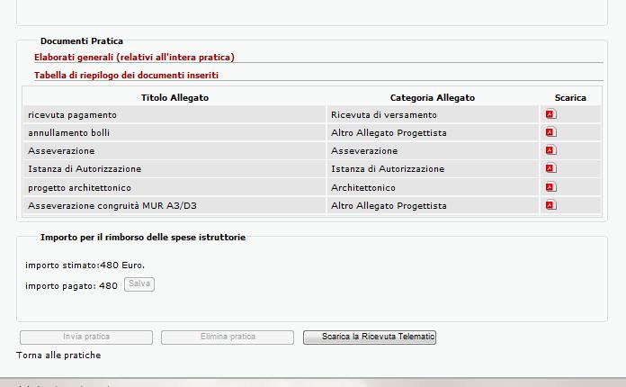 Invio pratica Stampa ricevuta telematica Tabella completa di riepilogo documenti