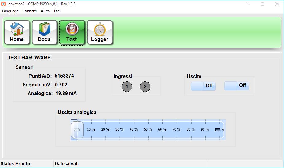 Test Hardware Menu di test del trasmettitore.