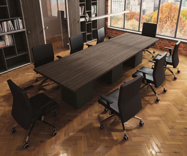 tavolo riunione è realizzato con le stesse caratteristiche, finiture e colori delle scrivanie. Gamba a parallelepipedo in melaminico spessore mm 8.