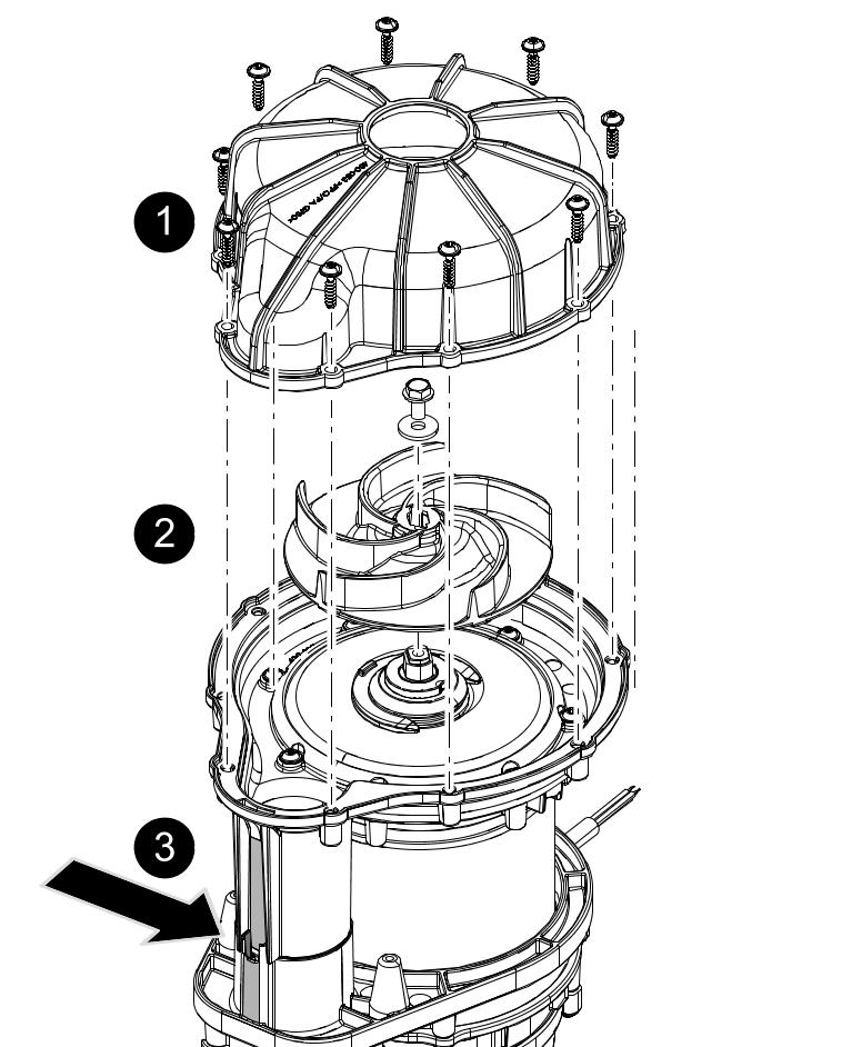 Wymienić wirnik Vortex/wykonać jego konserwację Zdemontować osłonę spiralną. Sprawdzić wirnik Vortex pod kątem odkształceń i łatwości ruchu.