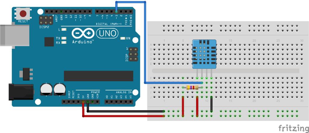 SENSORE DHT11 Componenti: 1 x Breadboard 1 x Arduino; 1 x sensore DHT11; 1 x resistenza 5.7 KΩ. Sketch: #include "DHT.