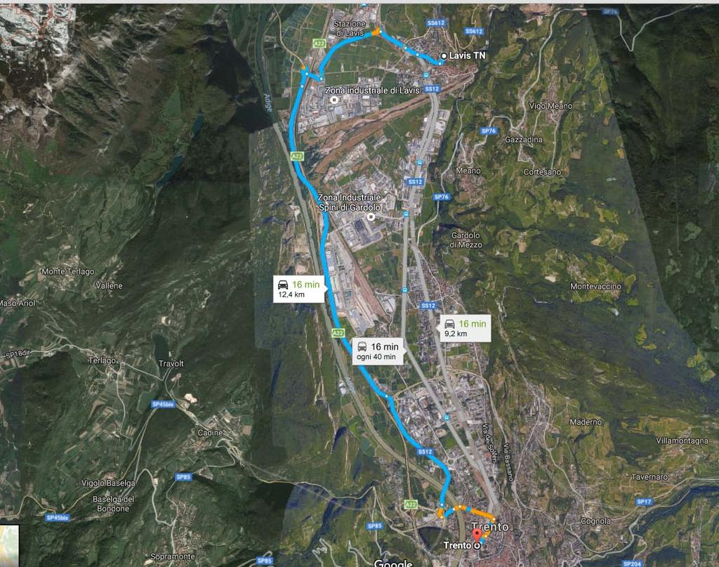 da : LAVIS (TN) - centro 8.915 ab, 12,4 km 2 a : TRENTO - stazione treni 117.000 ab, 158 km 2 Auto Bici differenza bici-auto distanza Auto 12,4 km 2.