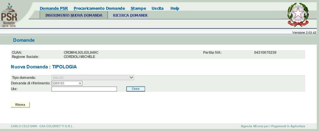 3 Nello spazio domanda di riferimento dovrà essere inserito il numero identificativo della domanda di aiuto a cui si riferisce la domanda di pagamento che si può trovare nella comunicazione di