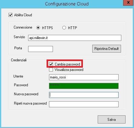 Fare click su Configura Cloud Comparirà la videata: Configurazione Cloud Abilitare opzione Cambia password Inserire la password scaduta