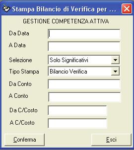 - 158 - Manuale di Aggiornamento 5.2.6 Stampa bilancio di verifica per centro di costo La funzione è stata modificata per gestire sia la modalità con competenze che quella senza.