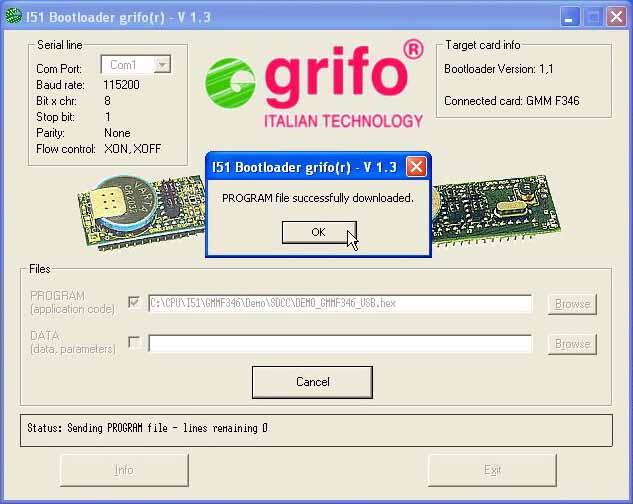 grifo ITALIAN TECHNOLOGY - la COM hardware del PC quando il demo programmato usa come console la seriale asincrona UART (file Demo_GMMF46_UART.