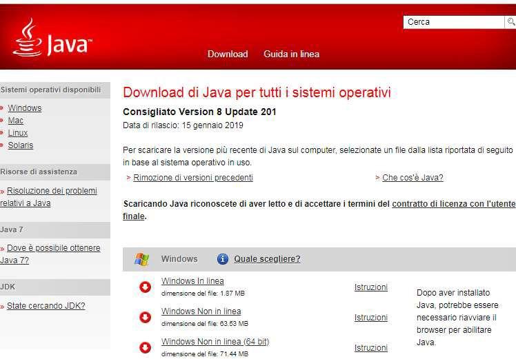 com/it/download/ e cliccare su Download gratuito di Java: Seguire le istruzioni di installazione.