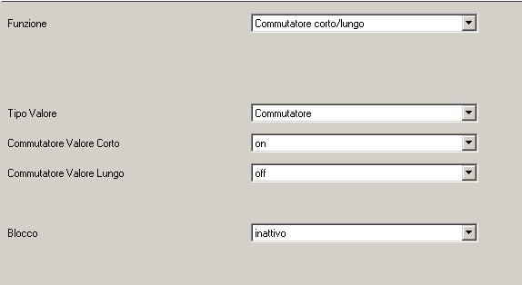 Oggetti di comunicazione e parametri ETS Parametri "Commutatore corto/lungo" Si può scegliere di inviare un valore - es. "On" - alla pressione breve dell ingresso, ed un altro - es.