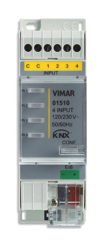 Caratteristiche generali e funzionalità Ingresso binario 4 canali, 120/230 V~, standard KNX, installazione su guida DIN (60715 TH35), occupa 2 moduli da 17,5 mm.