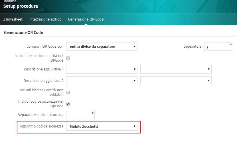 Nella funzione Setup ZTimesheet, sezione Generazione QR Code, è anche presente il campo Algoritmo codice sicurezza per la generazione del codice sicurezza nei QR Code, poichè è stato adeguato allo