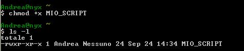 Esempio di script (2) Ora facendo ls l si può notare che i permessi di esecuzione mancano: E quindi necessario cambiare i