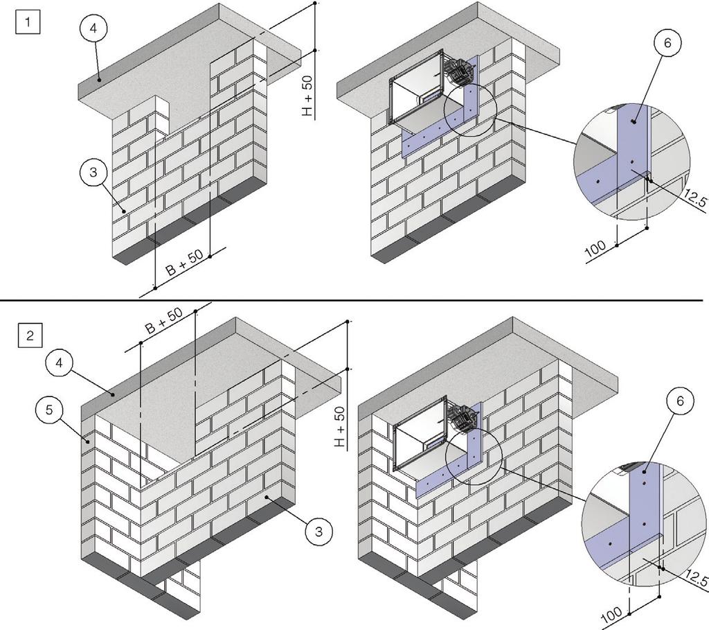 Installazione in parete rigida verticale EI 120 S - Casi particolari Montaggio a contatto con soffitto o pavimento o parete laterale Le misure dell apertura sono le medesime a quelle del paragrafo