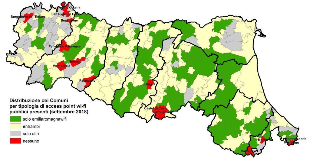 WI-FI PUBBLICI Situazione generale I comuni senza alcun wi-fi pubblico in Emilia-Romagna sono 15 (- 4 rispetto al 2017 e 15 rispetto al 2016). In questi Comuni vivono circa 31.