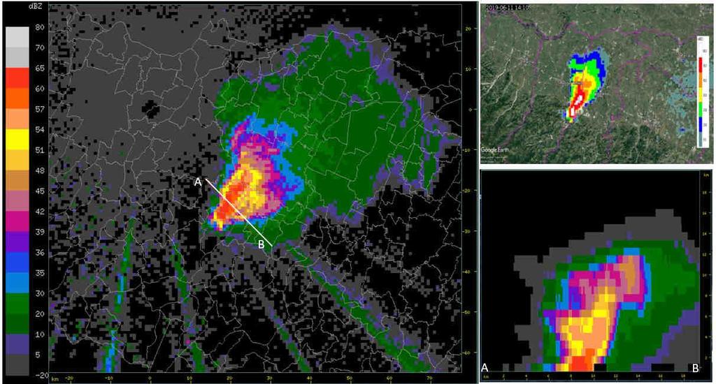 Figura 10. Mappe di riflettività dell 11/06/2019 alle 13:40 UTC (in alto a sinistra) e alle 13:55 UTC (in alto a destra, alle 14:25 UTC (in basso a sinistra) e alle ore 14:50 UTC (in basso a destra).