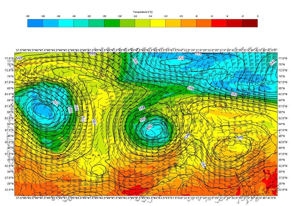 Figura 2. Mappa di analisi (da modello IFS-ECMWF) di geopotenziale, temperatura e vento a 500 hpa del 11/06/2019 alle 12 UTC. Dettaglio sull area italiana.