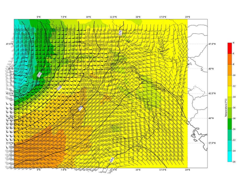 Figura 4. Mappa di analisi (da modello IFS-ECMWF) di geopotenziale, temperatura e vento a 500 hpa del 12/06/2019 alle 00 UTC, centrata sull Italia.