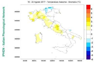Fig. 2 - Precipitazioni cumulate nel periodo in esame. Total precipitation for the analyzed period. Fig. 3 Anomalia della temperatura massima nel periodo in esame rispetto alla media 1993-2010.