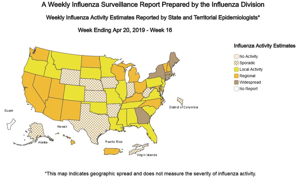 USA In tutti gli Stati Uniti, l attività dei virus influenzali è in netta diminuzione, come evidenziato nella mappa sottostante aggiornata al 20 aprile 2019.