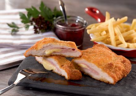 cotolette Cordon bleu di pollo, cotoletta di pollo e filetto di pollo fritto con patatine fritte A, C, G, H, L