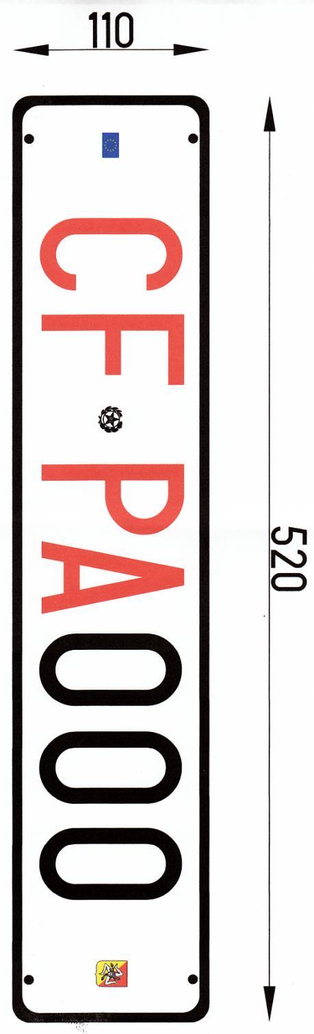 Targa di immatricolazione posteriore per autoveicoli di tipo A Su fondo bianco retroriflettente sono indicate le lettere CF, PA in rosso ed i restanti caratteri alfanumerici sono di colore nero.