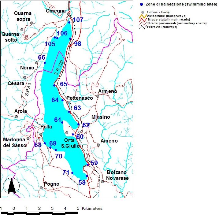2.2. Lago d Orta Nella stagione sono state sottoposte a monitoraggio 17 zone (Figura 2.2.1) e, nonostante siano stati effettuati 4 campionamenti suppletivi, tutte le zone hanno concluso la stagione mantenendo l idoneità alla balneazione.