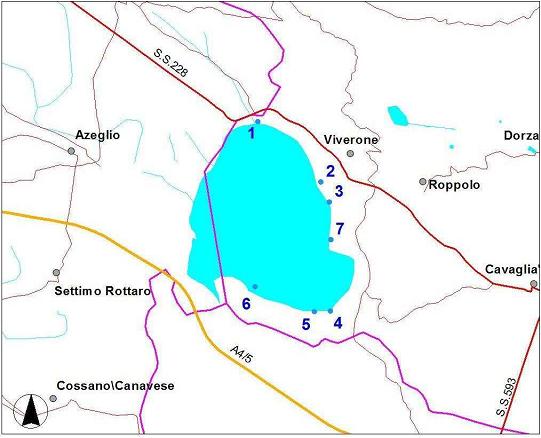 2.4. Lago di Viverone Nella stagione sono state sottoposte a monitoraggio 7 zone (Figura 2.4.1) e tutte hanno mantenuto l idoneità per l intera stagione balneare. Fig. 2.4.1 Lago di Viverone: zone di balneazione monitorate nel corso dell anno 2014 Nella tabella 2.