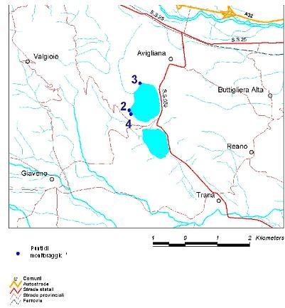 2.5 Lago Grande di Avigliana Nella stagione sono state sottoposte a monitoraggio 3 zone (Figura 2.5.1) e tutte hanno mantenuto l idoneità per l intera stagione balneare. Fig. 2.5.1. Lago Grande di Avigliana: zone di balneazione monitorate nell anno 2014 Nella tabella 2.
