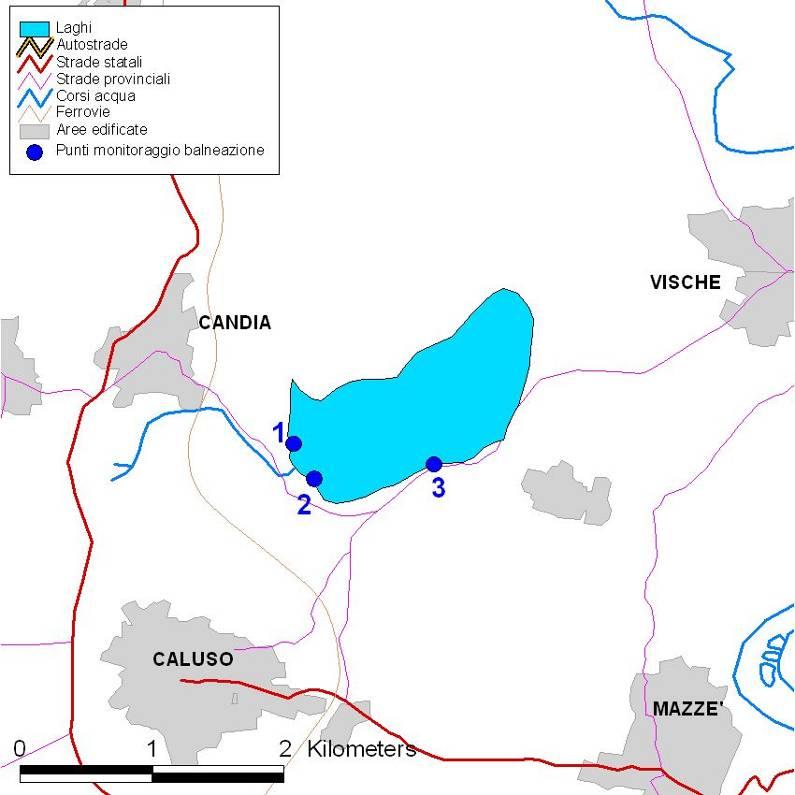2.7 Lago di Candia Nella stagione sono state sottoposte a monitoraggio 3 zone (Figura 2.7.1) e tutte hanno mantenuto l idoneità per l intera stagione balneare. Fig. 2.7.1. Lago di Candia: zone di balneazione monitorate nell anno 2014 Nella tabella 2.