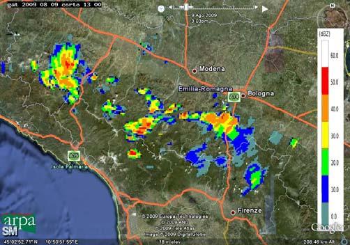 Alle 15 UTC si generano alcune celle temporalesche che coinvolgono la parte orientale della pianura bolognese e parte del ferrarese.