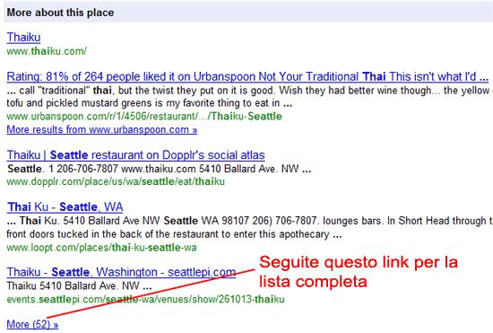 Fase 4: Fate clic sui link per "More about this place" La sezione "more about this place" della lista di attività, evidenzia brevi frammenti di testo, i titoli e gli URL dove Google, ha trovato