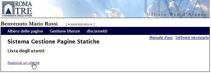 Figura 28: aggiungere un utente In questo modo si arriva ad una schermata dove viene chiesto di inserire il nome del redattore e lo username e la password che questi utilizzerà per accedere a