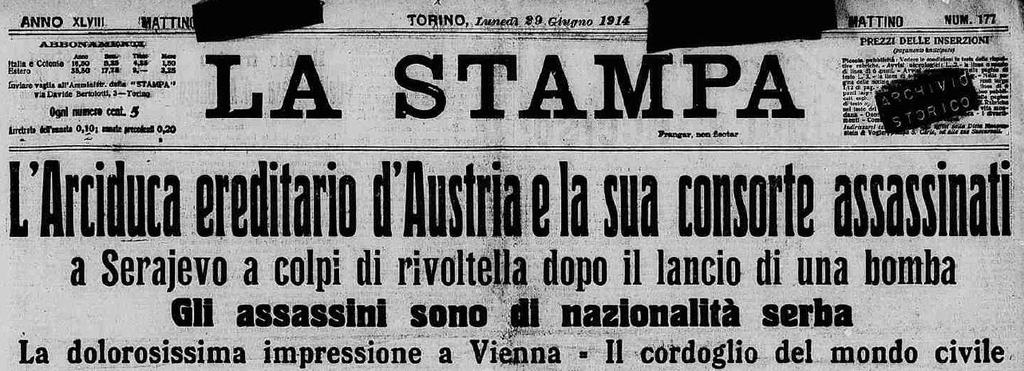 La causa occasionale Gavrilo Princip, un nazionalista bosniaco di origine serba uccide a Sarajevo l erede al trono d Austria, Francesco Ferdinando, e sua moglie.