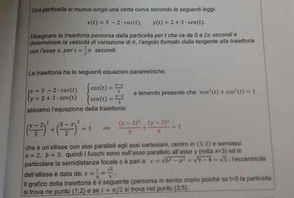 7. Una particella si muove lungo una certa curva secondo le seguenti leggi: x(t) = 3 2 cos t ; y(t) = 2 + 3 sin t Disegnare la traiettoria percorsa dalla particella