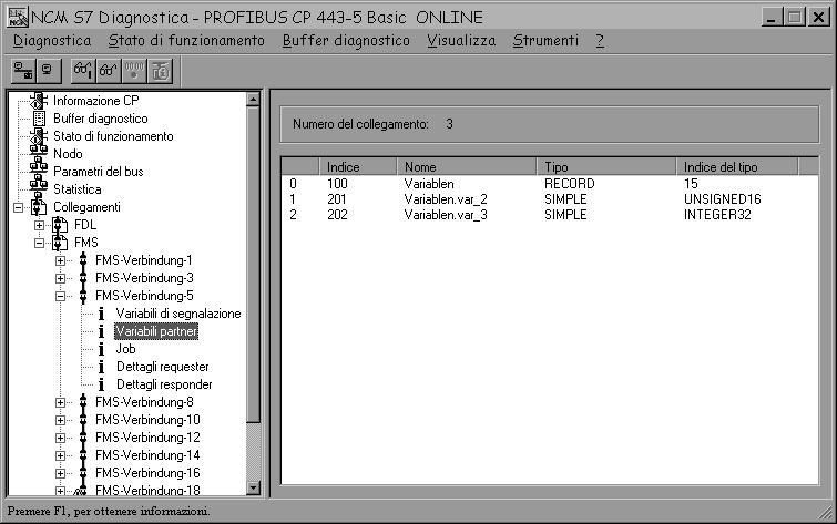 Diagnostica NCM S7 5.3.4 Oggetto di diagnostica Variabili partner Scopo della diagnostica Indica le descrizioni delle variabili disponibili del partner per il collegamento FMS selezionato.