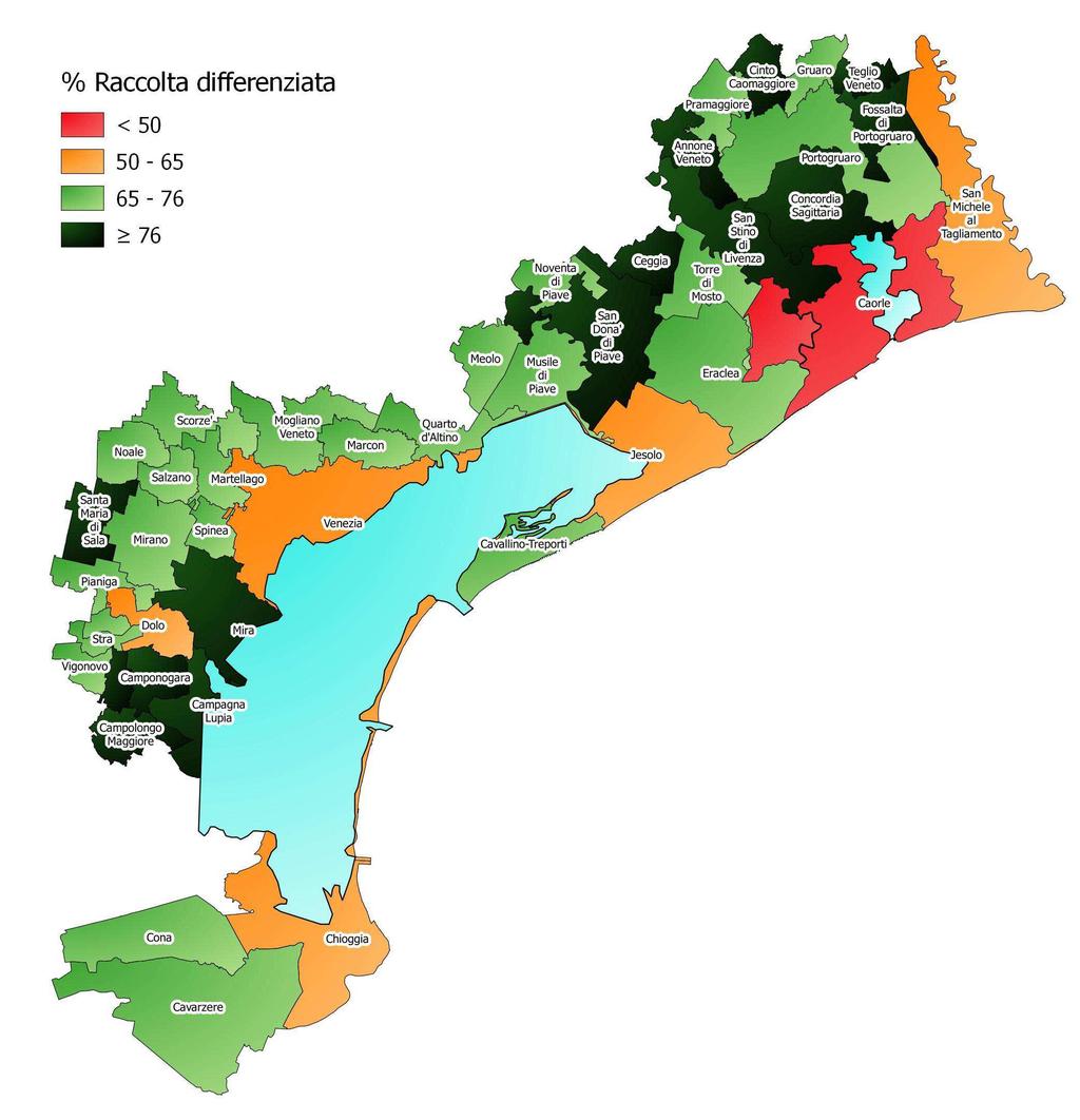 Distribuzione dei comuni in base agli obiettivi di raccolta