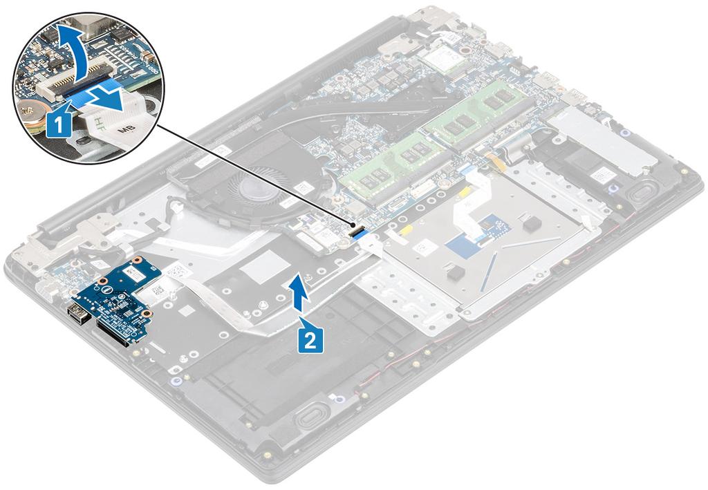 3 Rimuovere le due viti (M2x3) che fissano la scheda di I/O al gruppo del supporto per i polsi e tastiera [1].