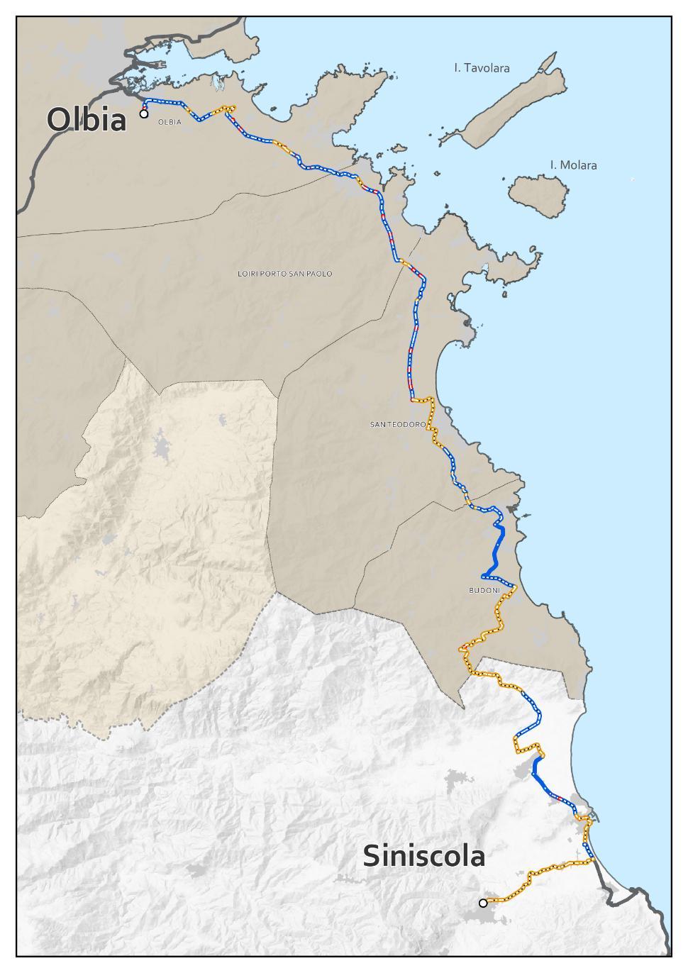 R22 Olbia - Siniscola Caratteristiche tecniche Tipologia di sede ciclabile 57% 35% 8% Pendenza 9 8% 2% Sede Propria Sede promiscua: - su strade a bassa intensità di traffico e strade urbane - su