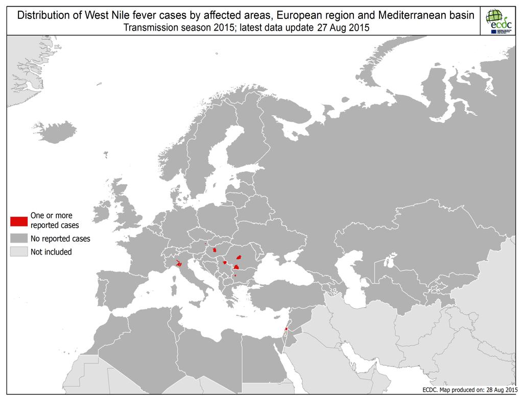 Situazione epidemiologica al 27/08/2014 - Europa e bacino del mediterraneo As of 27 August 2015, thirteen cases of West Nile fever in humans have been reported in the EU Member States and seventeen