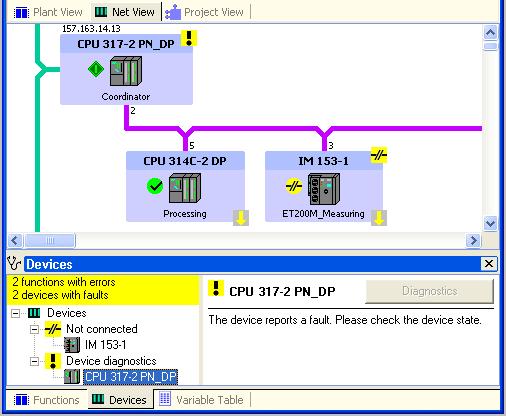 3.3 Macchina 1 Esempio: il dispositivo segnala un guasto. In questo caso è necessario controllare le impostazioni e le connessioni di comunicazione. Maggiori informazioni.