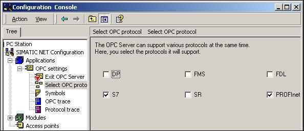 3.7 Impianto completo Descrizione 6. Aprire la selezione del protocollo OPC ed evidenziare il protocollo PROFInet e S7. Confermare le impostazioni con il pulsante "Accept". 7.