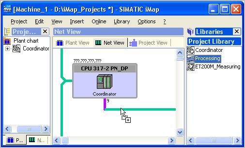 3.3 Macchina 1 3.3.4.4 Inserimento di componenti PROFInet in un progetto Come inserire le istanze dei componenti PROFInet nel progetto. 1. Aprire la vista di rete del progetto.