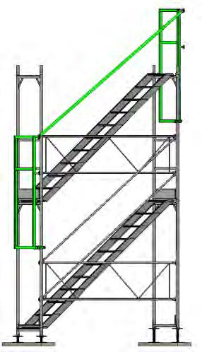 Fatto ciò, viene montato il telaio della scalinata superiore, le barre diagonali vengono agganciati e il parapetto viene montato su un lato. Dopodiché viene agganciata la 2a scala.