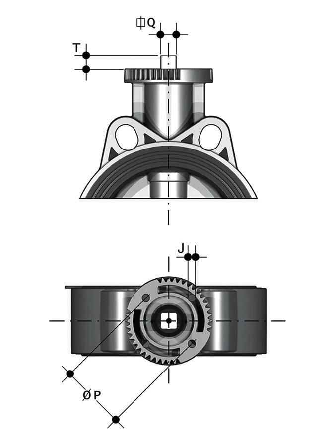 attuatori pneumatici e/o elettrici standard e riduttori a volantino per operazioni gravose, tramite una flangetta in PP-GR riproducente la dima di foratura prevista dalla norma