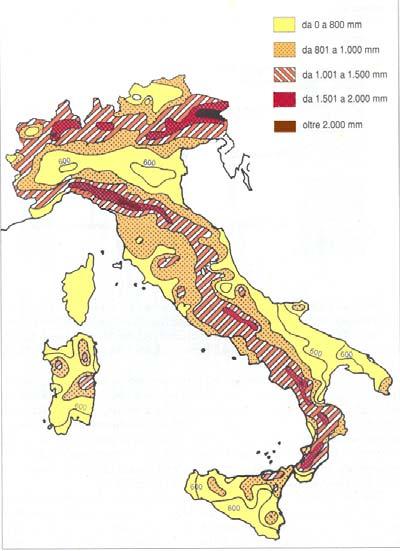 Distribuzione della quantità media annua di precipitazioni in Italia.