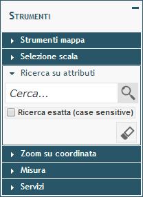 Utilizzando la sezione Ricerca su attributi è possibile effettuare una ricerca tra gli attributi del servizio o dello strato informativo selezionato (Figura 16).