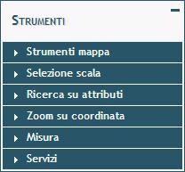 menu Strumenti sono divise nelle seguenti sezioni (Figura 6): Strumenti mappa ; Selezione scala ; Ricerca su attributi ;