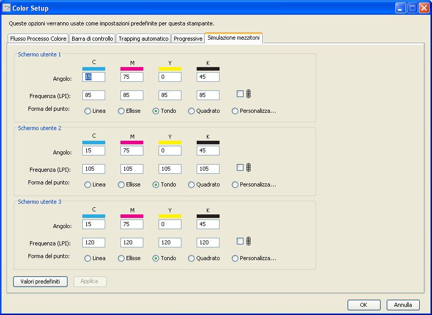 FUNZIONI DI COLOR SETUP 48 Area Simulazione mezzitoni È possibile definire tre retinature mezzitoni personalizzate nell area Simulazione mezzitoni.